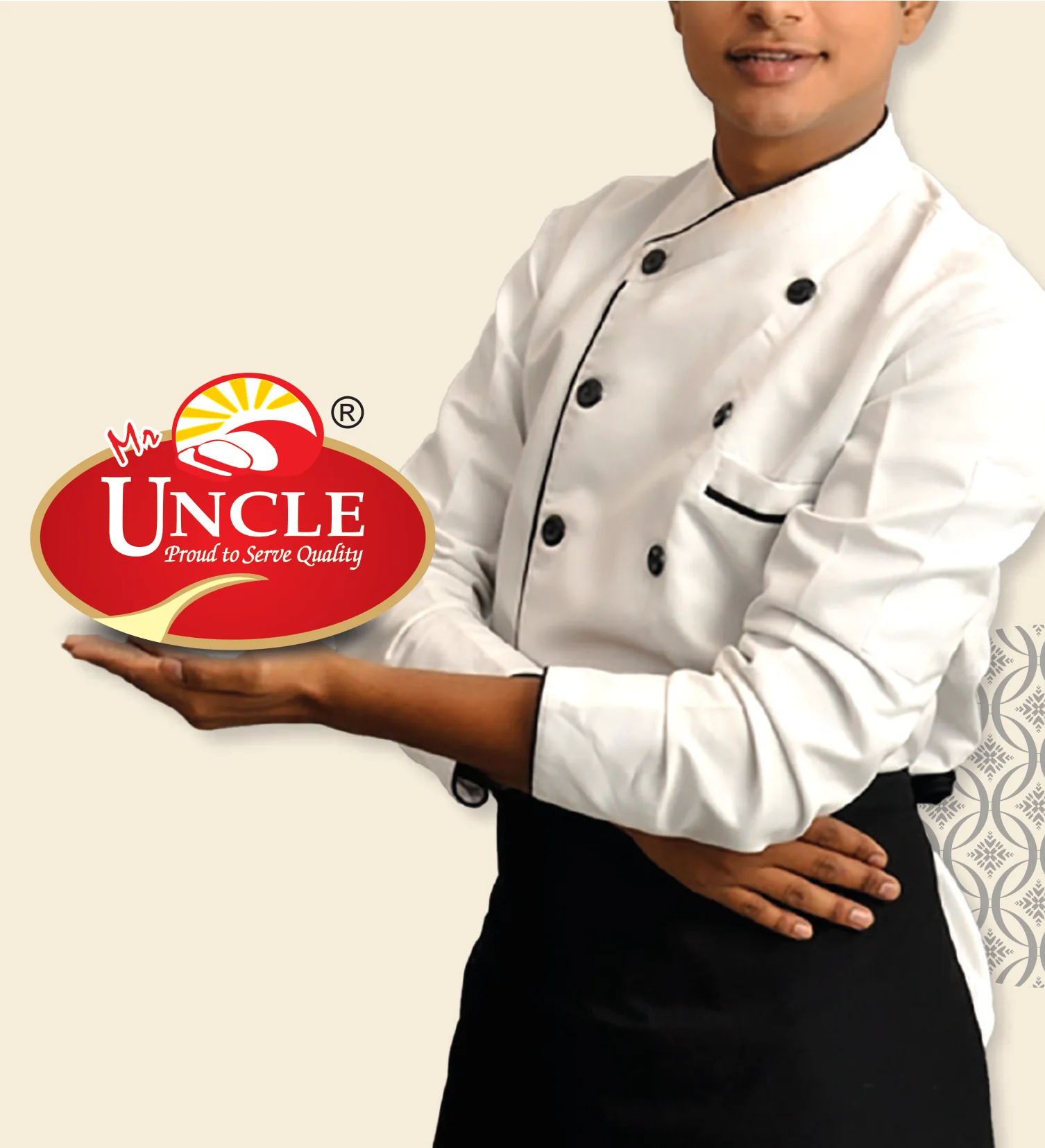Mr. Uncle chef presenting the Uncle brand